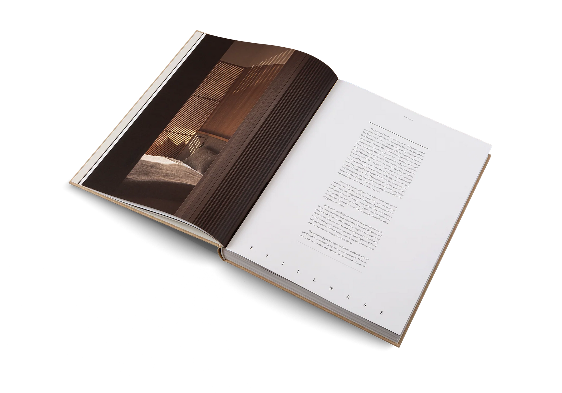 Open book with a wooden texture on one page and text on the other, on a white background