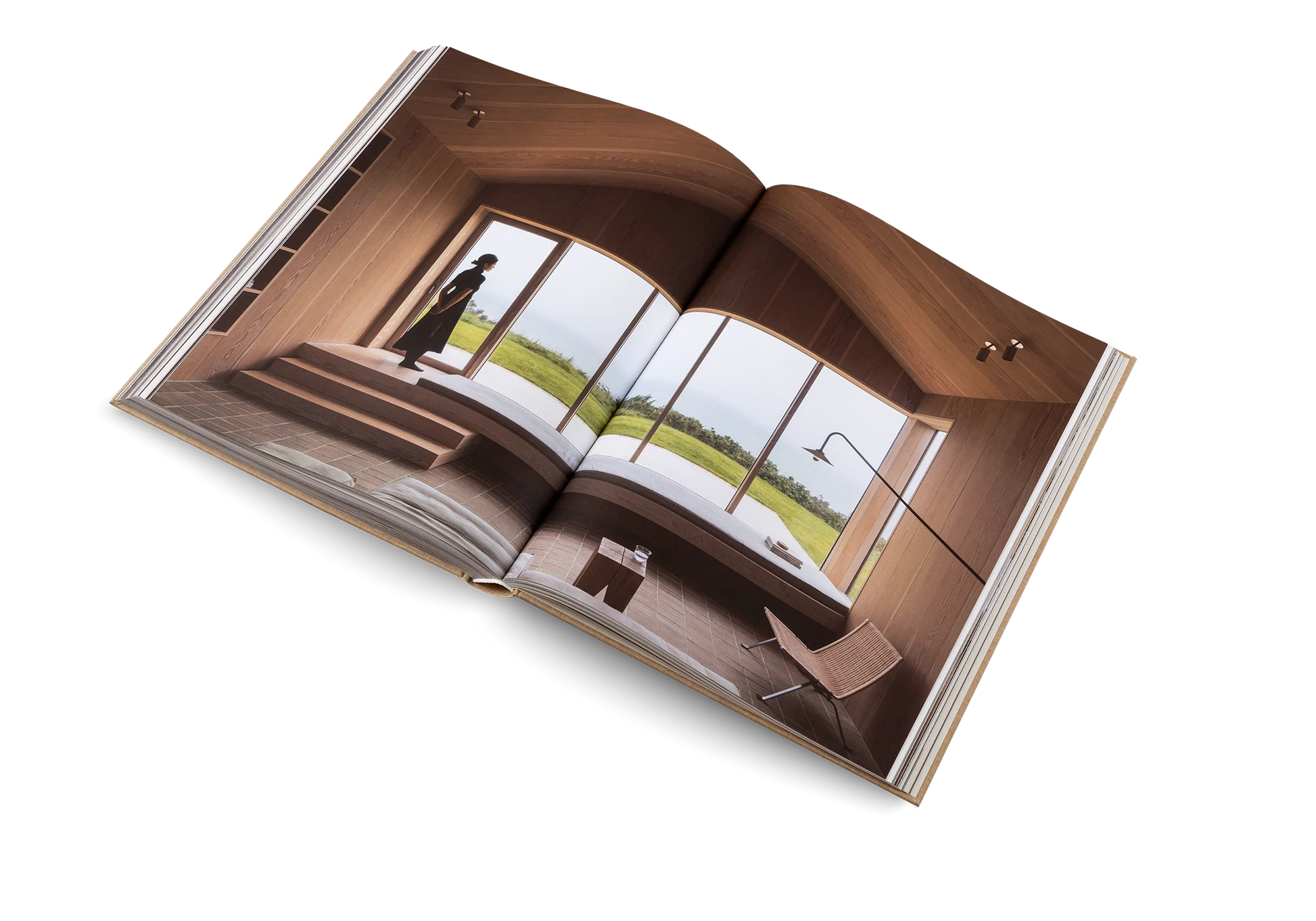 Wooden photo album open to a page with a scenic view