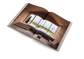 Wooden photo album open to a page with a scenic view