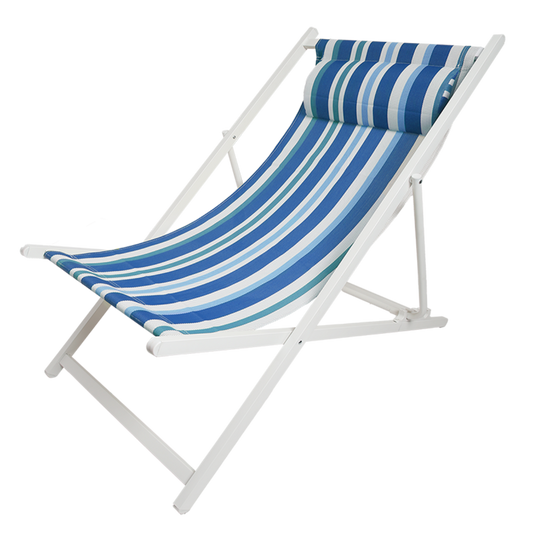 Blue and white striped beach chair with white frame on a white background