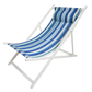 Blue and white striped beach chair with white frame on a white background