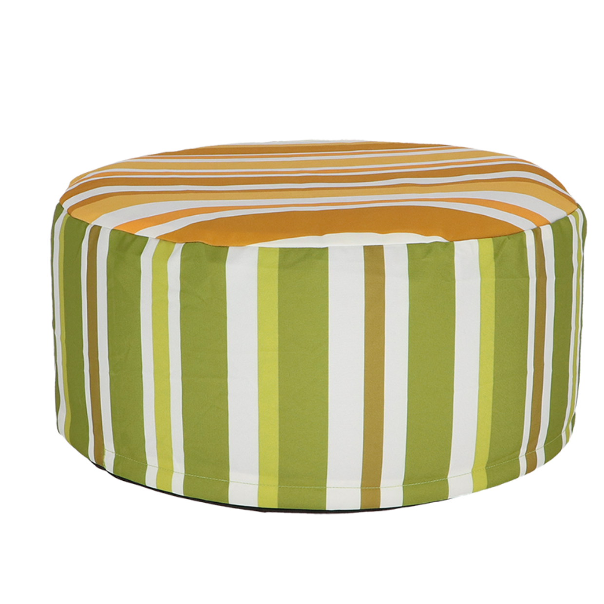 Striped ottoman with orange, green, and white pattern on a white background