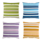 Four striped pillows in green, blue, purple, and orange on a white background