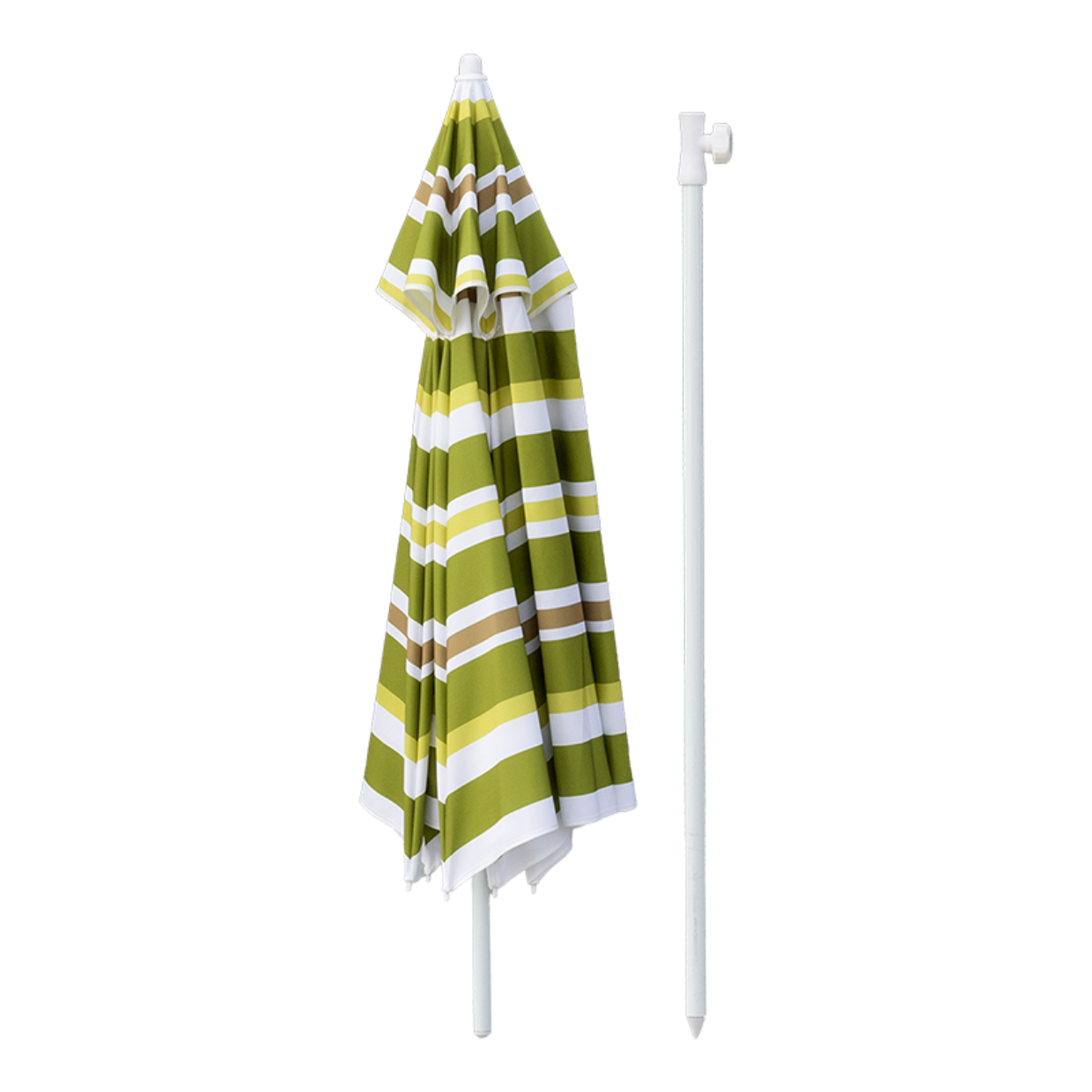 Green and white striped beach towel with a white pole on a white background
