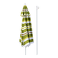 Green and white striped beach towel with a white pole on a white background