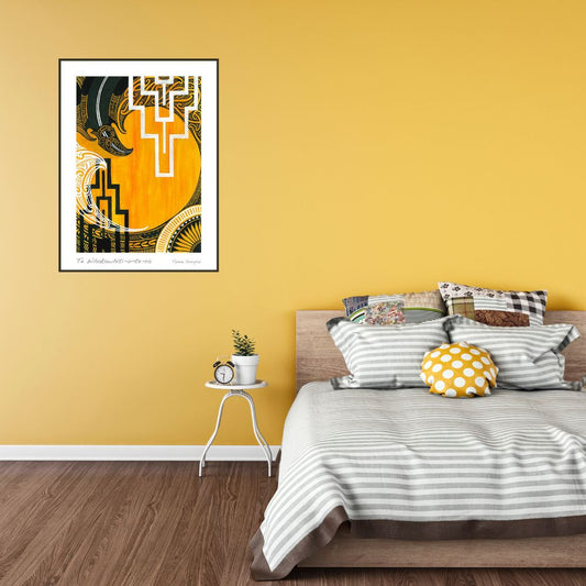 Bedroom with a yellow wall, abstract art, and a bed with striped bedding.