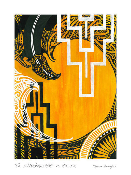art print with Maori patterns on a white background