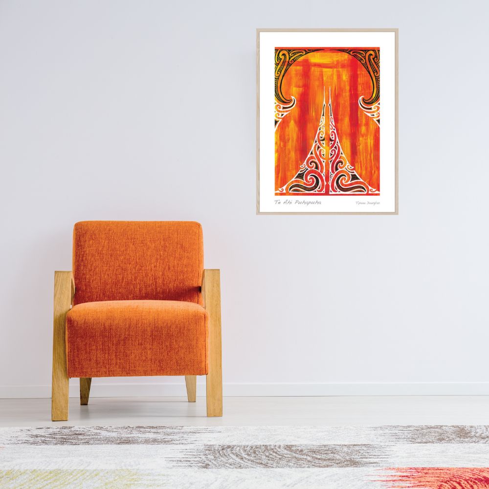 Orange armchair in a room with a colorful abstract painting on the wall.