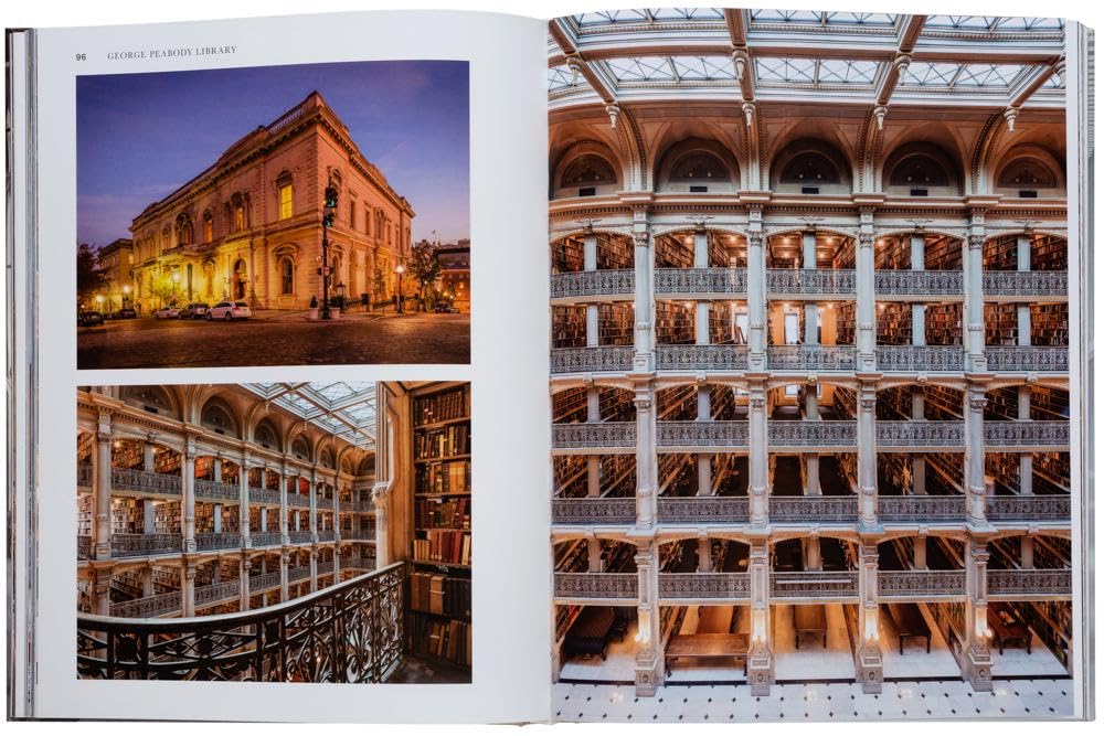Open book showing images of a building's interior and exterior.