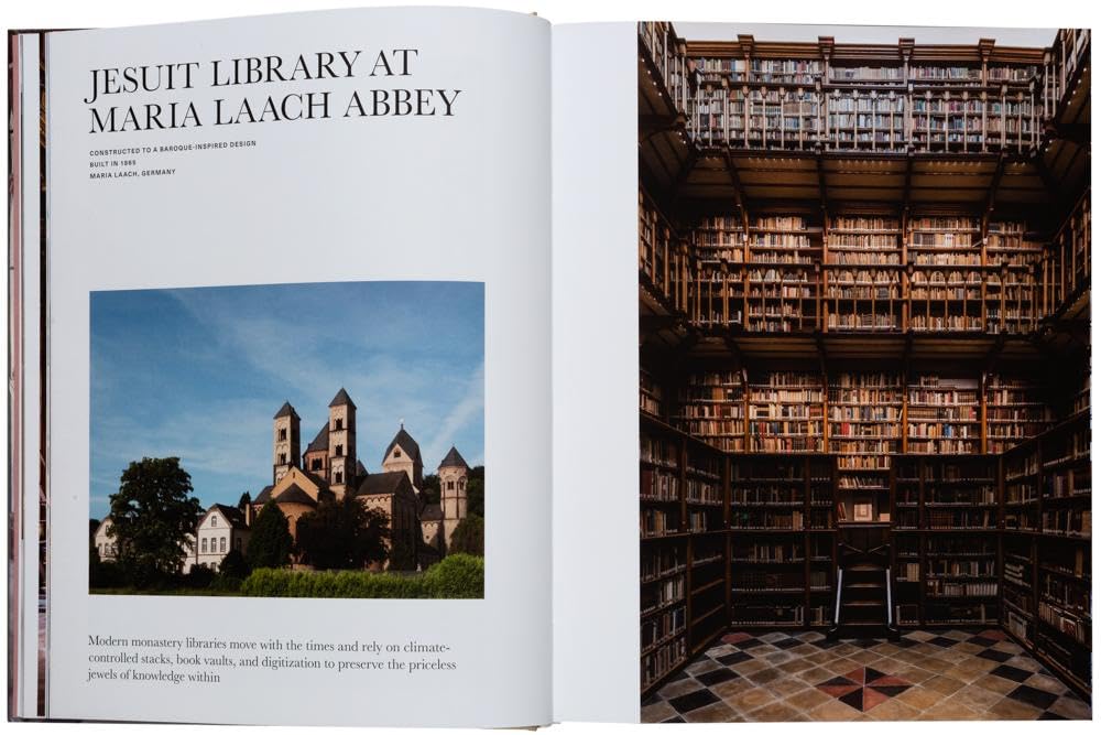Open book showing images of a Jesuit library at Maria Laach Abbey