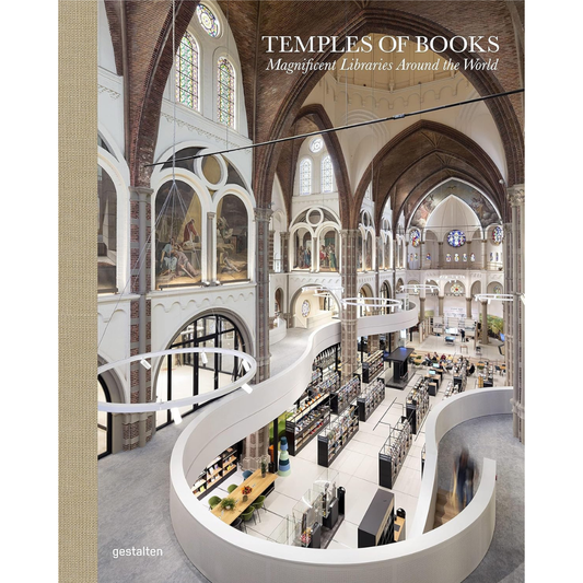 Book cover of 'Temples of Books' featuring a grand interior design with arches and bookshelves.
