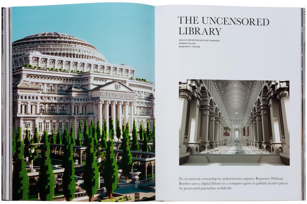 Open book showing images of a grand building and an interior hall.