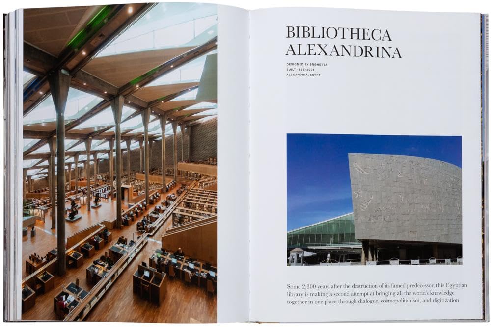 Open book showing interior of a library and exterior of Bibliotheca Alexandrina.
