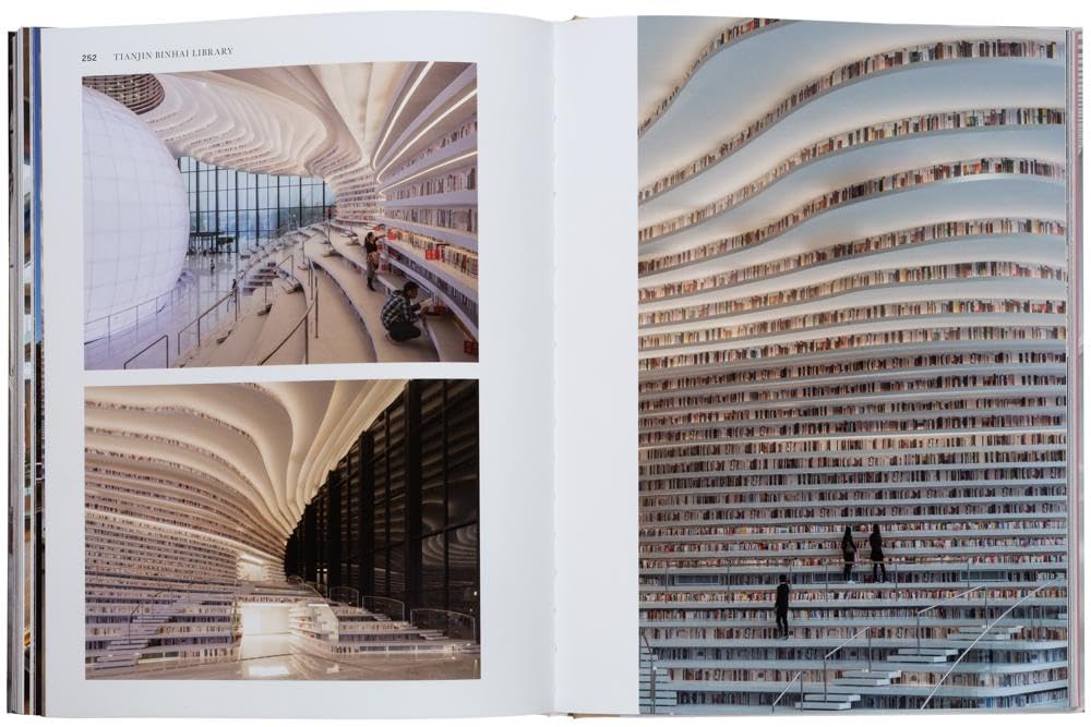 Open book showing images of a modern library interior with architectural design.