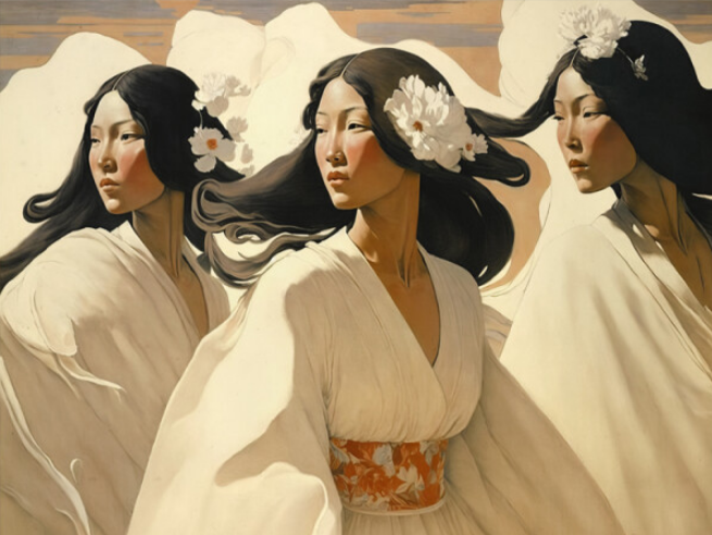 A stylized artwork showing three women in flowing white garments with floral hair ornaments against a soft beige and cream background.