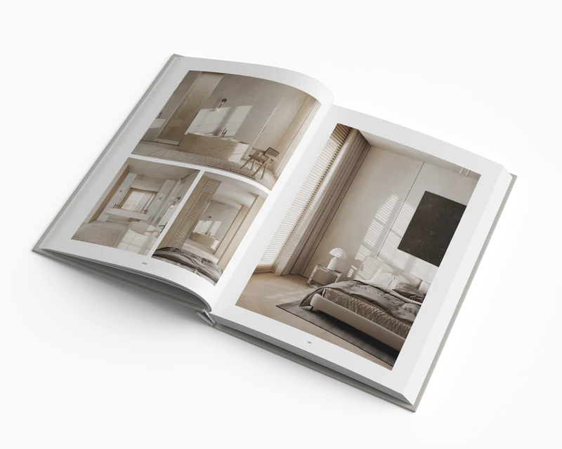 Open book showing interior design images of a bedroom.