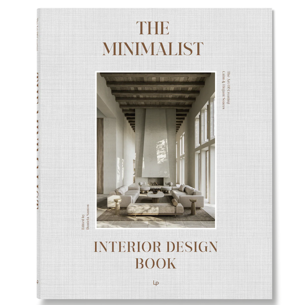 Book titled 'The Minimalist Interior Design Book' with a photo of a modern living room on the cover.