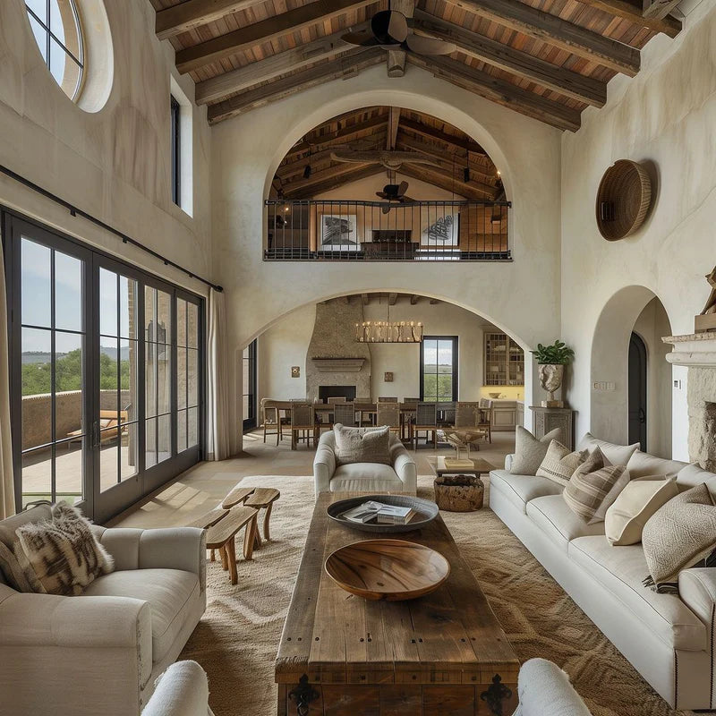 Luxurious living room with high ceilings, large windows, and a wooden coffee table.