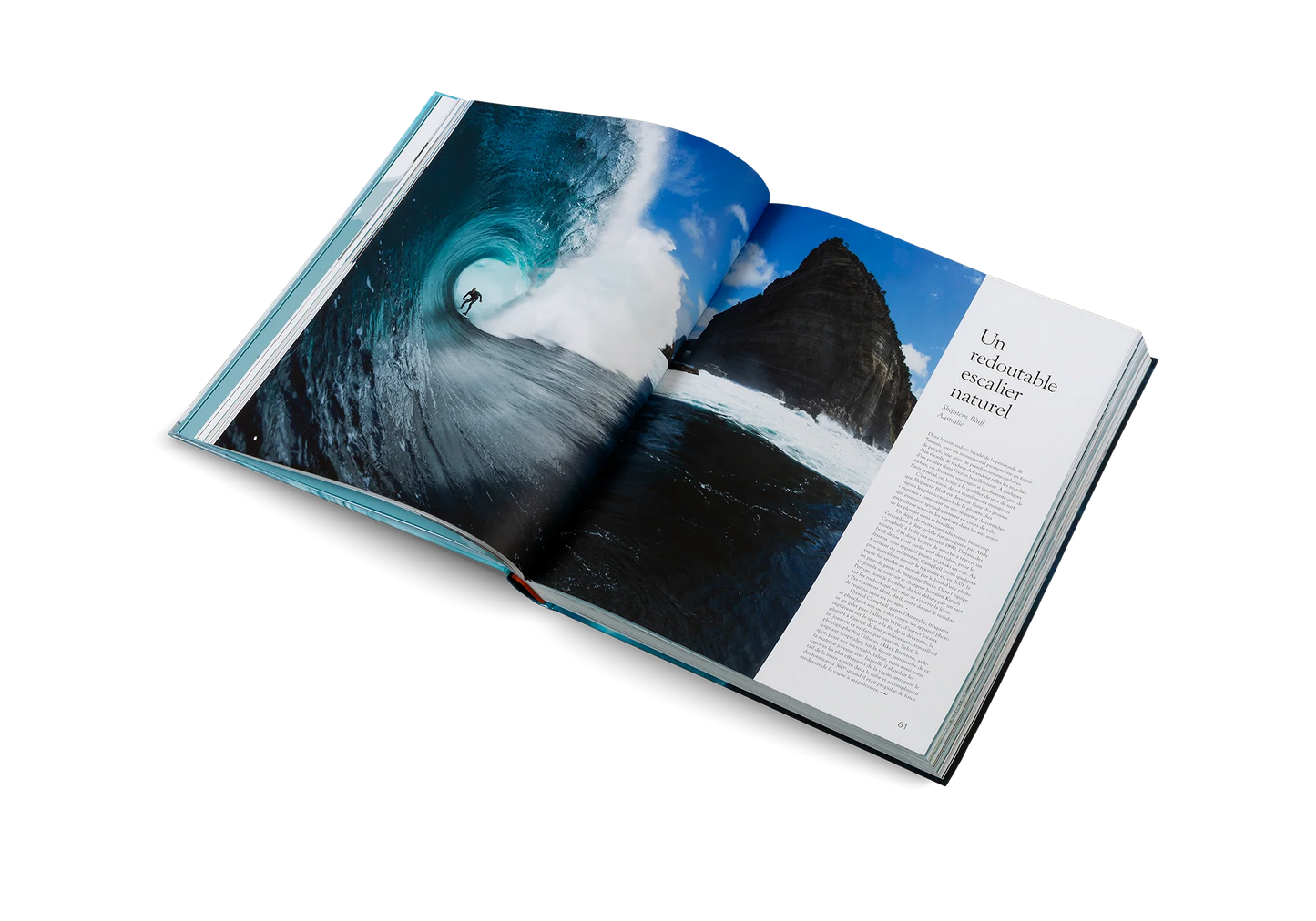 Open book showing a photograph of a wave and text on a white background