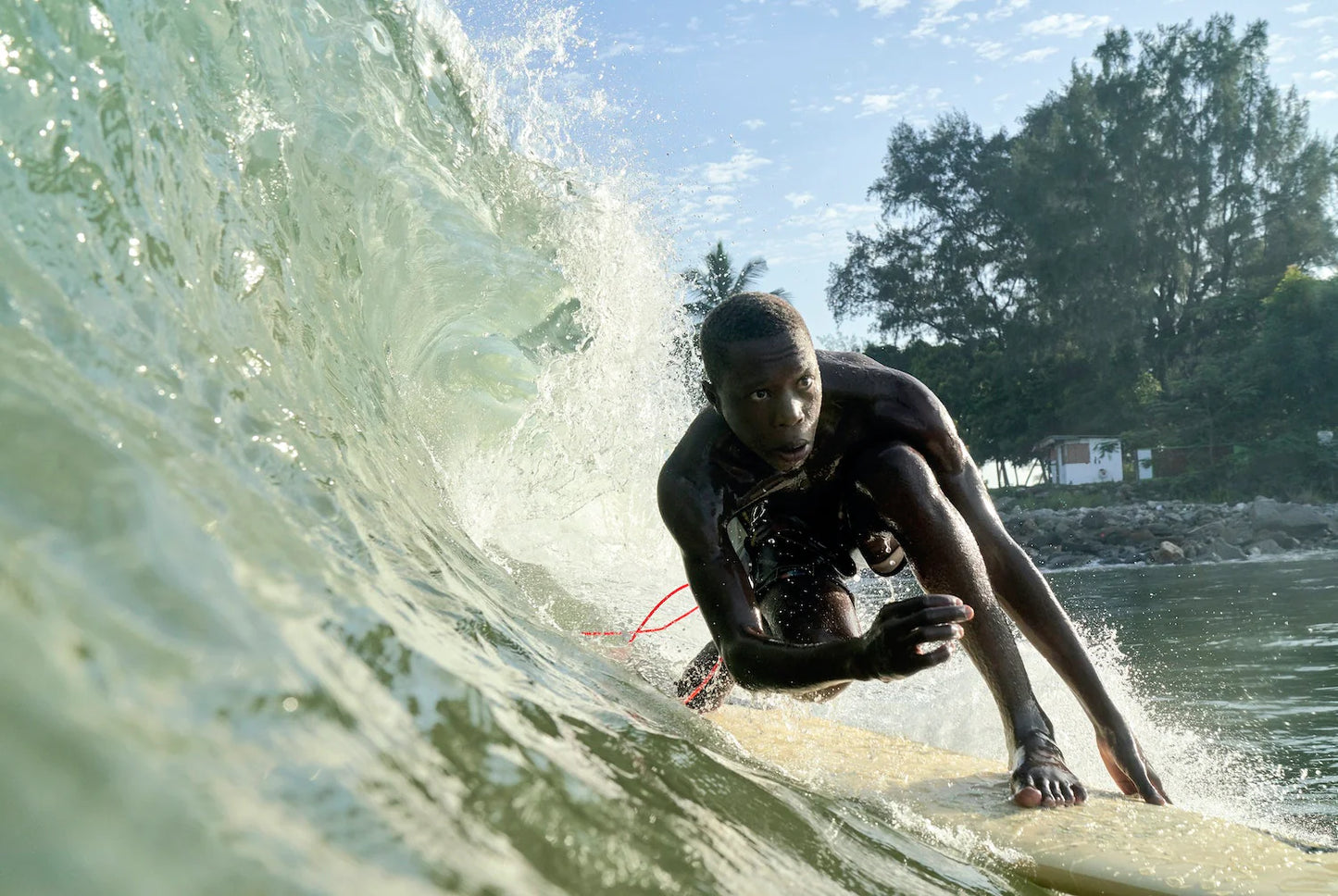 Person surfing on a wave with trees and buildings in the background