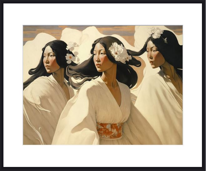 A framed art print featuring a stylized painting of three women in flowing white robes with dark hair adorned with white flowers, set against a cream and tan background.