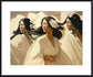 A framed art print featuring a stylized painting of three women in flowing white robes with dark hair adorned with white flowers, set against a cream and tan background.