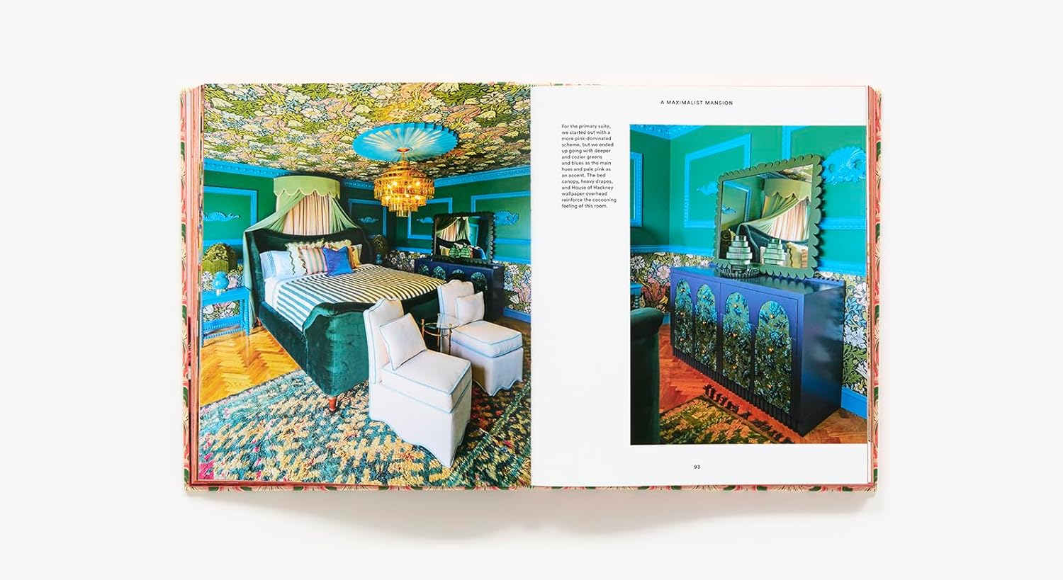 Open book showing colorful interior design images with a room and a pool.