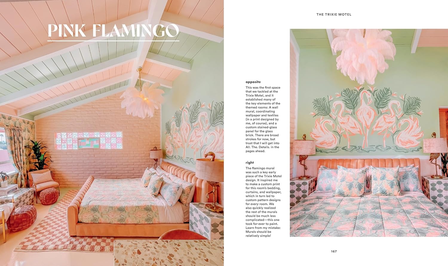 Decorative interior design with pink flamingo theme, featuring a bed and wall art.