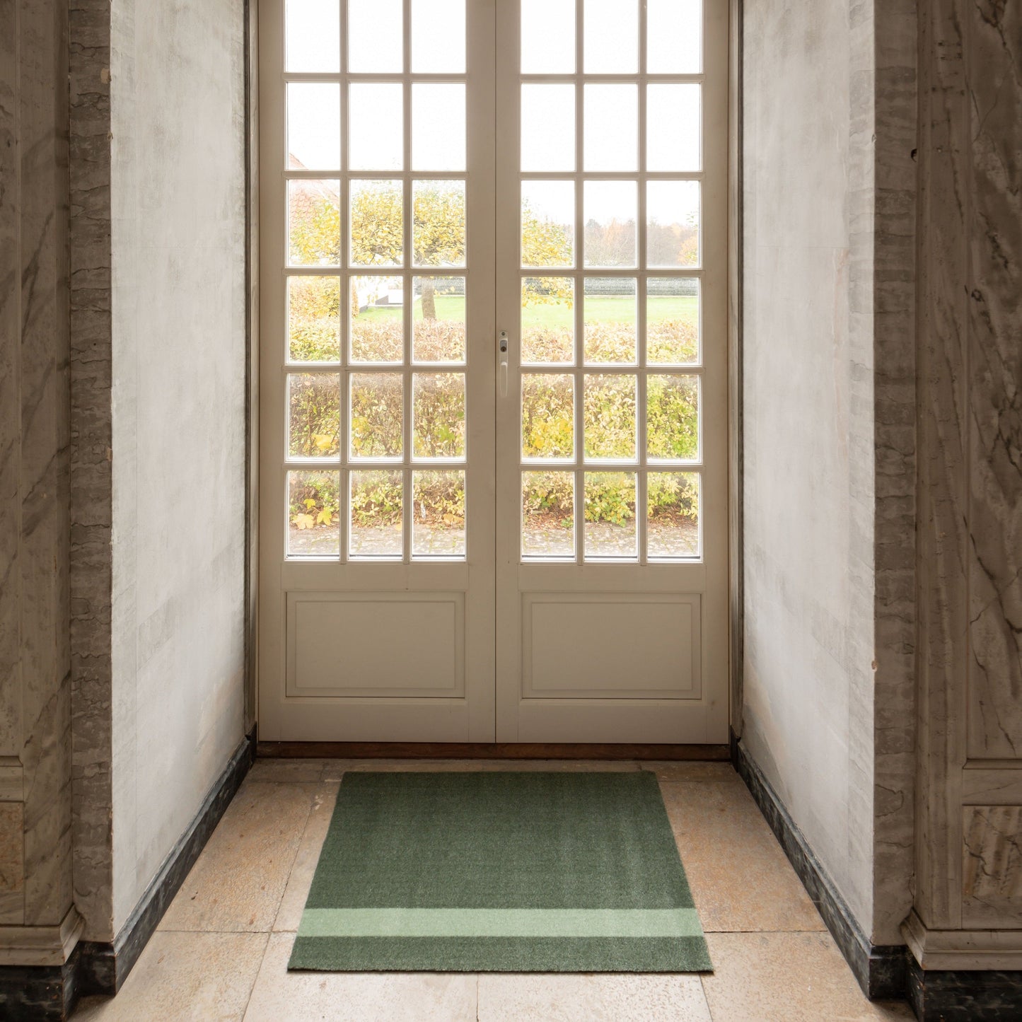 Large white door with glass panels in a room with ornate walls and a green rug on the floor.
