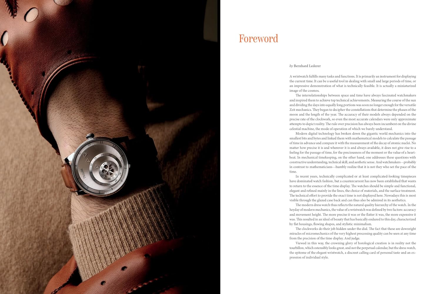 Close-up of a hand wearing a leather glove with a watch, next to text on a white background.