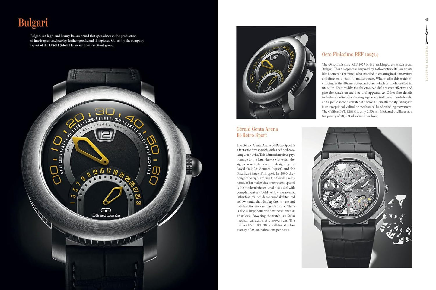 Bulgari watch advertisement with close-up of watch face and additional images on a white background.