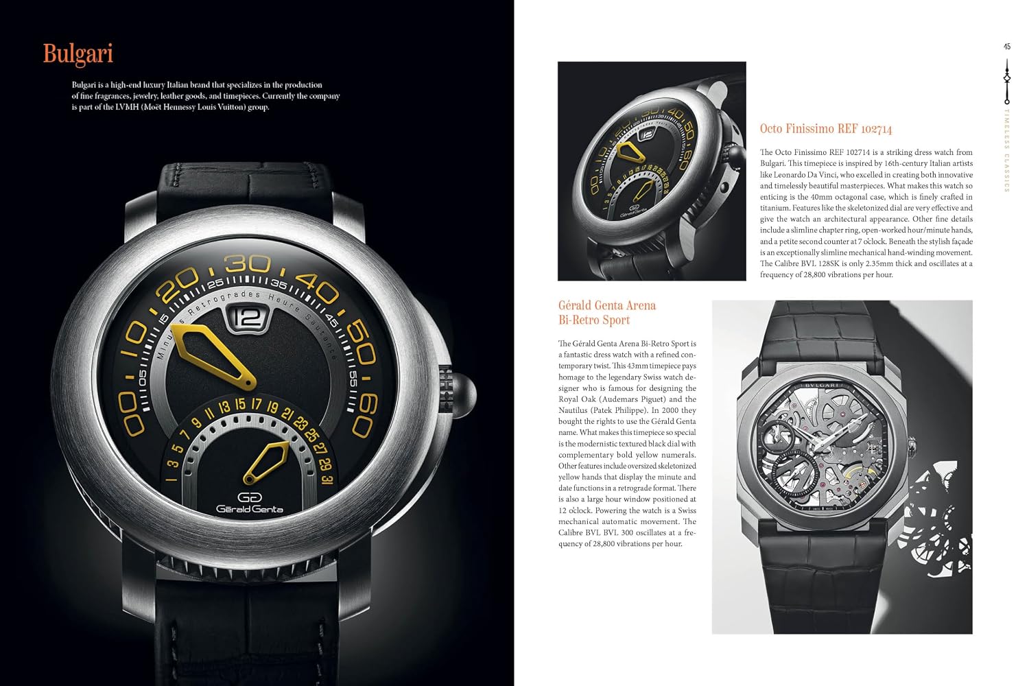 Bulgari watch advertisement with close-up of watch face and additional images on a white background.