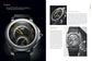 Bulgari watch advertisement with close-up of watch face and additional images on a white background.