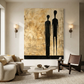 luxury-lounge with wall sconces and large oversized abstract art on the wall featuring 2 male and female silhouettes. 