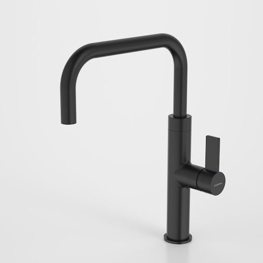 Black kitchen faucet on a white background