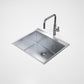 Stainless steel kitchen sink with faucet on a white background
