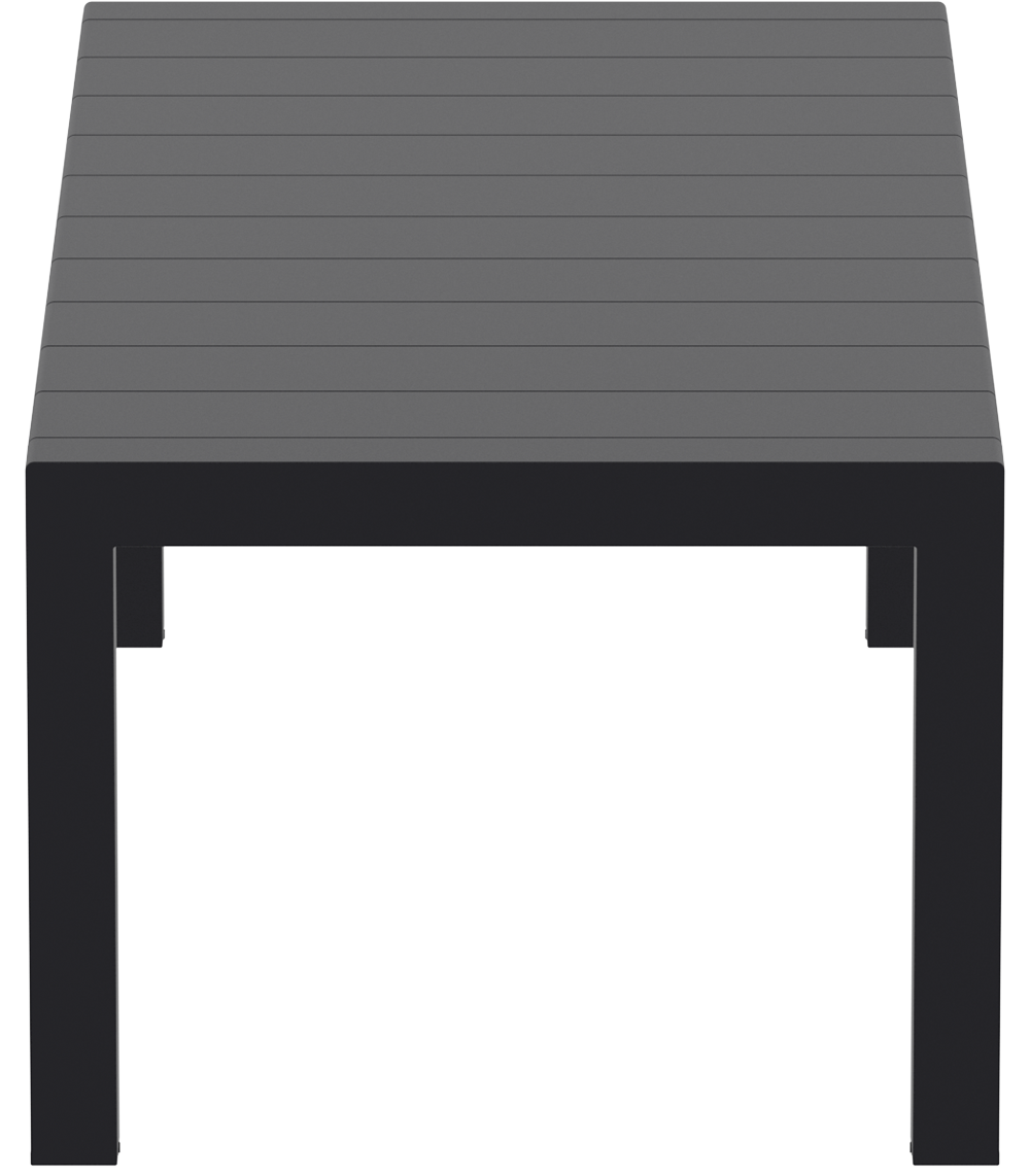 Square table with a dark gray top and black legs on a white background