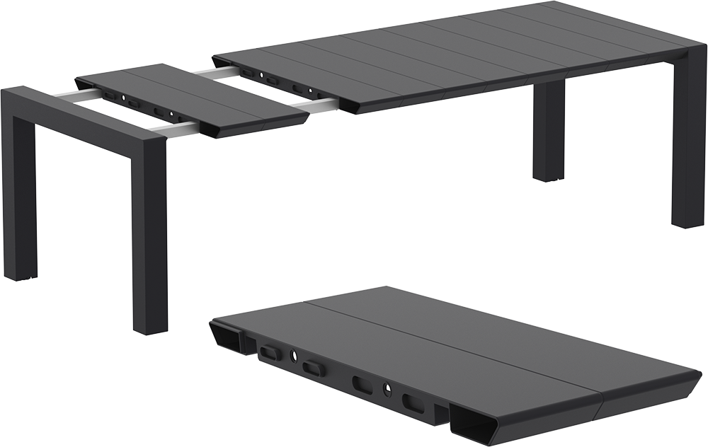 Black outdoor table with two folding chairs on a white background