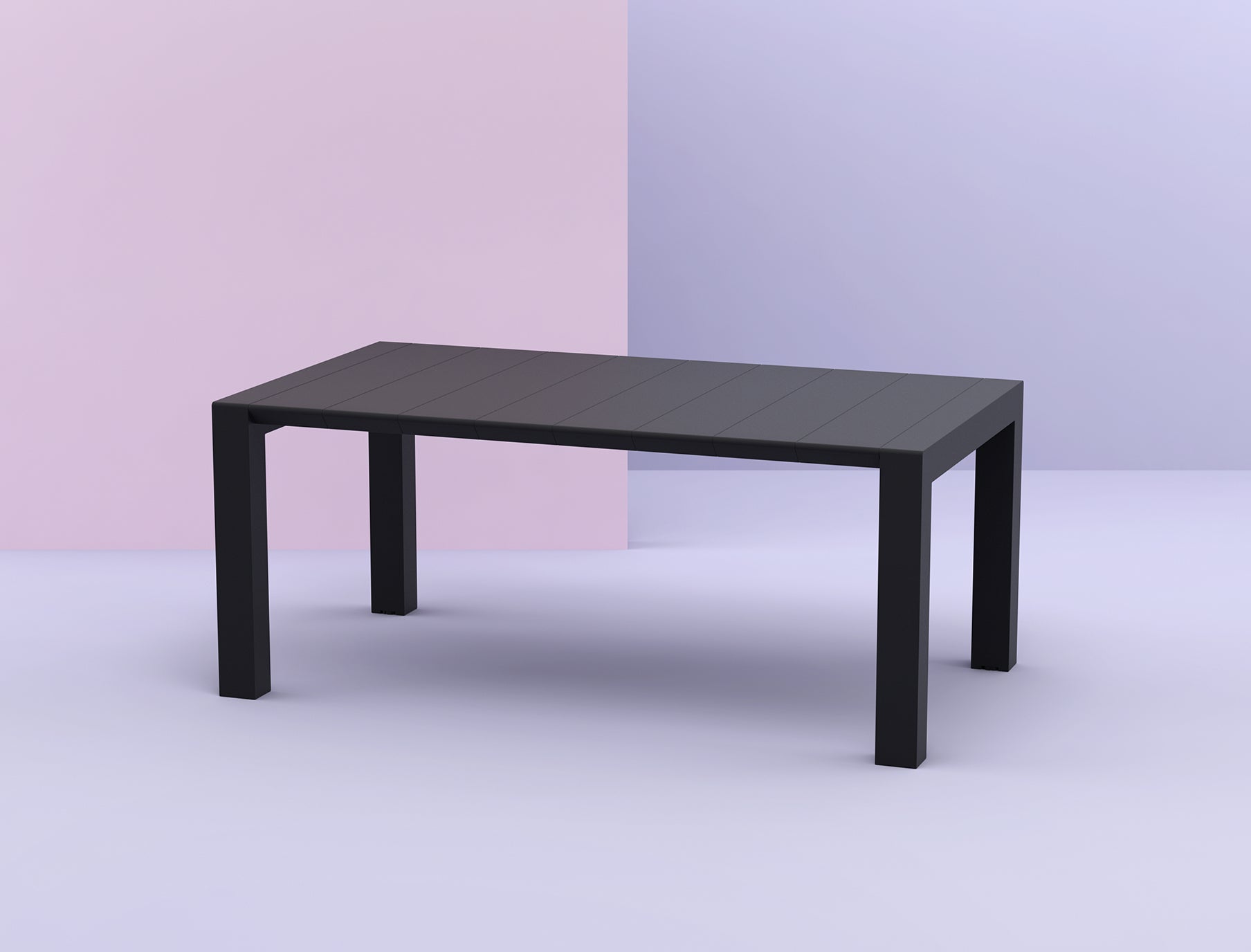 Black rectangular table on a two-tone pink and purple background