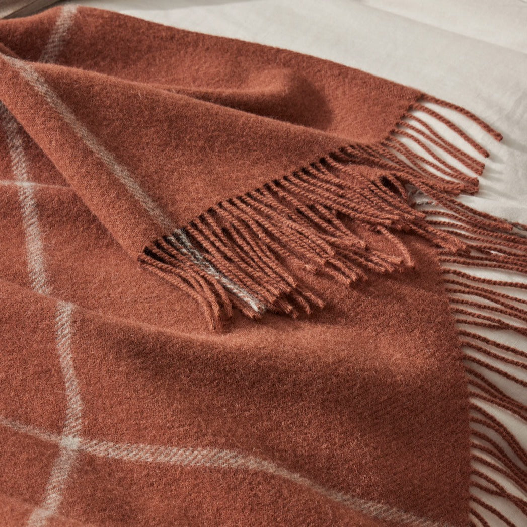 Warm earthy toned large check throw with fringe