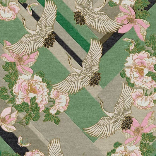 Art Deco design rug Vogue Deco by Wendy Morrison, geometric panels in green, gold and black covered with flying cranes and peony blossoms