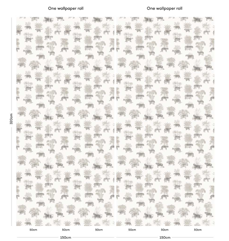 Patterned wallpaper roll with measurements on a white background