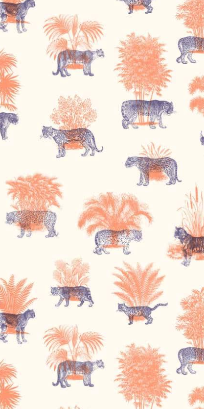 Pattern of stylized tigers and plants on a white background