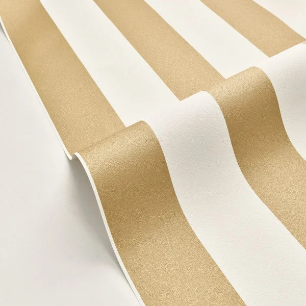 Gold and white striped wallpaper shown in a close-up, rolled view to display its texture and pattern.