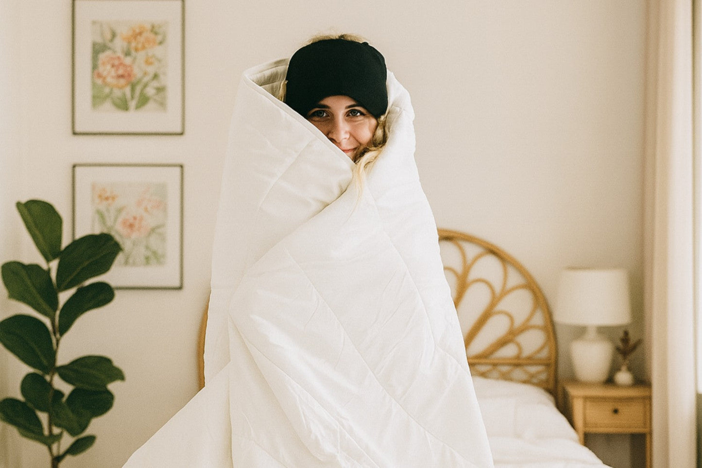 Person wrapped in a blanket with a headband in a bedroom setting
