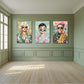 Three colorful portraits of women with sunglasses on a green wall.