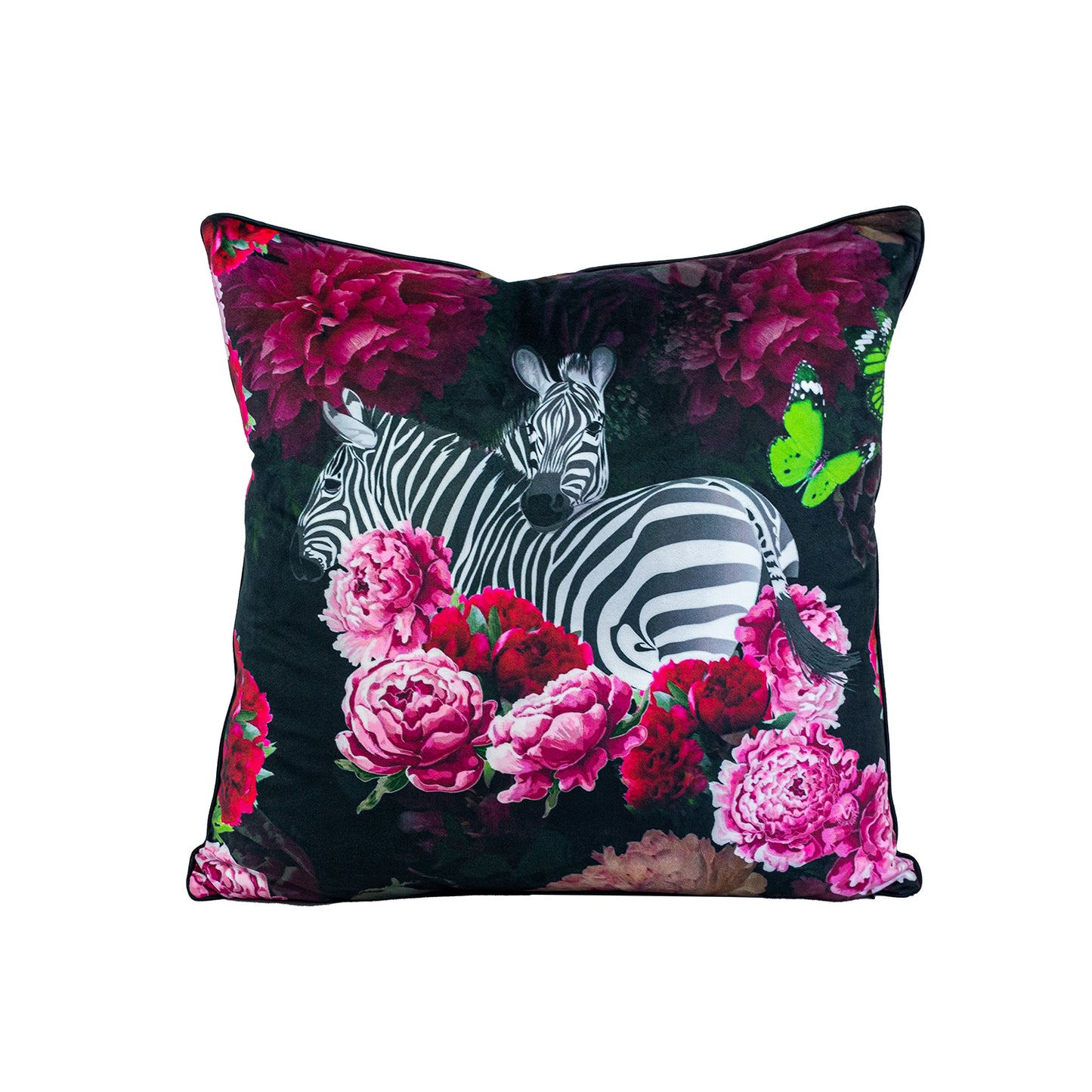 vibrant zebra and rose floral pattern witih butterflies on a black cushion