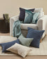 Decorative pillows on a sofa and floor in a living room setting