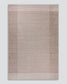 A rectangular woven rug with a textured, horizontal ribbed pattern in shades of taupe and light brown, featuring a subtle border design, shown against a neutral light gray background.