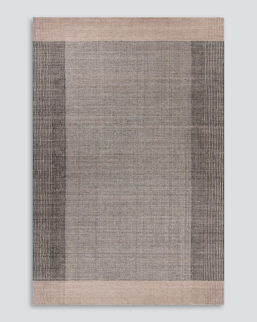 A rectangular woven area rug with a textured central field in warm taupe-gray, bordered by two vertical bands of dark charcoal gray and a light beige border at the top and bottom, shown flat against a neutral light gray background.